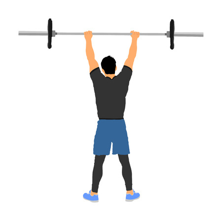 Weightlifter in gym vector illustration isolated on white background. Working out. Sports guy doing exercise with barbell. Sports man body builder in training. Health and fitness. Personal trainer.のイラスト素材