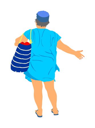 Mature woman on the beach vector illustration. Senior lady waiting for bus, after sunbathing on the beach, back to the hotel. Tourist standing on the beach in swimwear vector. Active life. Skin care.のイラスト素材