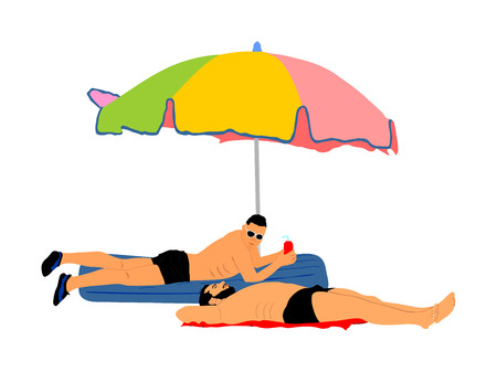 Two homosexual boys lying on beach vector illustration. Handsome gay man sunbathing under parasol. Gay couple tenderness in public. Summer rest, relaxing by the sea. Weekend get away outdoor paradise.のイラスト素材