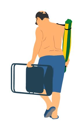 Senior man on the beach, vector illustration. Mature man walking on the beach with chair and rug. Sunbathing, health care concept. Veteran relaxed near the water. Weekend enjoy outdoor activity.のイラスト素材
