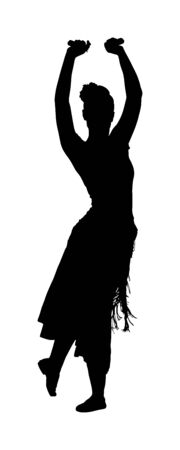 Attractive Spanish girl flamenco dancer vector silhouette. Hispanic woman with castanets in hot dance. Traditional folklore in Spain. Sensual salsa lady in erotic movement. Mexico culture performer.のイラスト素材