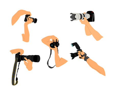 Photographers hands with camera vector illustration. Paparazzi shooting on the event. Photo reporter on duty. Sport photography. Journalist work for breaking news. Wedding fashion photographer.のイラスト素材