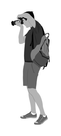 Young man photographer with camera shooting vector, isolated on white background. photographer, paparazzi shooting on the event, vector silhouette illustration. Tourist with backpack outdoor photo.のイラスト素材
