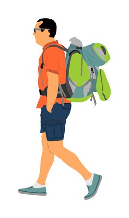 Tourist man with backpack vector illustration isolated on white background. Male hipster passenger walking. Camping man traveling with luggage. Climber boy vector.のイラスト素材