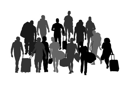 Passengers with luggage walking at airport vector silhouette. Travelers with many bags go home. Man and woman carry baggage. People with heavy cargo load waiting taxi after holiday. Refugees on borderのイラスト素材