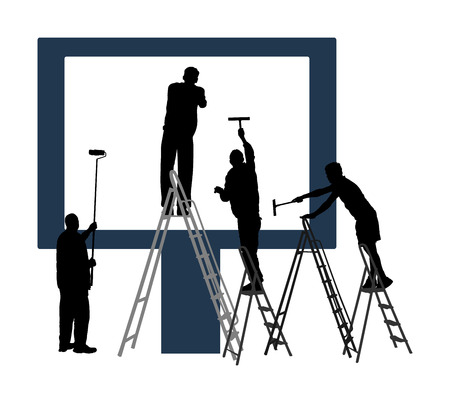 Blank billboard ready to use for advertisement. Marketing street media. Billboard workers painter with paint brush roller climbed on ladders vector silhouette. Commercial sign prepares to installingのイラスト素材