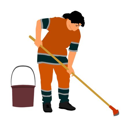 Housemaid cleaner vector illustration Isolated over white background. Cleaning lady. Floor care and cleaning services with washing mop in sterile factory or clean hospital. Cleaning service.のイラスト素材