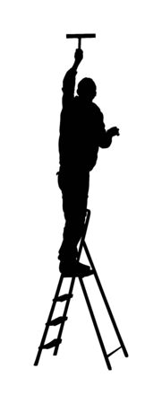 Washer washing windows of ladder vector silhouette isolated on white background. Window cleaner working on a glass facade. Worker work cleaning glass.のイラスト素材