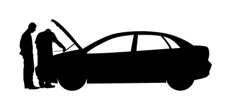 Broken car accident on road. Car with open hood. Mechanic assistance to customer. Auto service and repair center. diagnostic problem, check the oil level in engine. Insurance concept. Help for travel.のイラスト素材