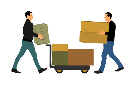 Delivery man carrying boxes of goods vector. Post man with package. Distribution storehouse. Boy holding heavy load for moving service. Handy man in move action. Hand transportation method by cart.のイラスト素材