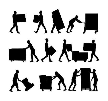 Delivery man carrying boxes of goods vector silhouette. Post man with package. Distribution procurement. Boy holding heavy load for moving service. Handy man in move action. Hand transportation methodのイラスト素材