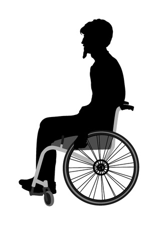 Disabled man in wheelchair vector silhouette isolated on white. Injured person with help assistant. Health care activity after hospital treatment. Traffic accident victim. Invalid boy with strong willのイラスト素材