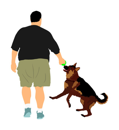 Fat man walking with dog vector illustration. Health care outdoor activity. Overweight person trouble. German Shepherd running and playing with owner.Big boy think about food calorie. Difficult movingのイラスト素材