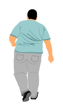 Fat man walking, health care outdoor activity vector illustration. Overweight person trouble.  Big boy think about food calorie. Difficulties in moving. Breathless sweaty man need break.のイラスト素材