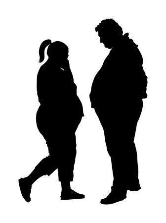 Fat man and woman is worry about health vector silhouette. Overweight person trouble. Big boy think about food calorie. Difficulties in moving. Breathless sweaty need break. Fat couple in love on dateのイラスト素材