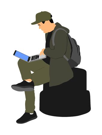 Boy work on laptop outdoor vector illustration isolated on white background. Man online hacking social network or private banking account. Teenager with computer in public. Student on brake mining .のイラスト素材