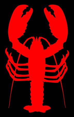 Red lobster vector silhouette isolated on black background. Crayfish or Shellfish symbol. Seafood sign for restaurant. Fresh dinner.のイラスト素材