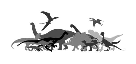 Dinosaurs large collection. T Rex vector silhouette isolated on white background. Tyrannosaurus shadow symbol. Jurassic era. Dino sign. Triceratops, Stegosaurus, Brachiosaurus, Pteranodon, Spinosaurusのイラスト素材