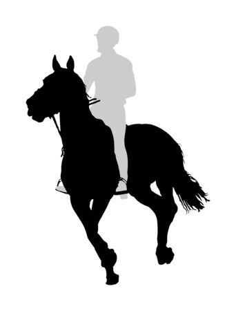 Elegant racing horse in gallop vector silhouette illustration isolated on white background. Jockey riding horse in race. Hippodrome sport event. Entertainment and gambling.のイラスト素材
