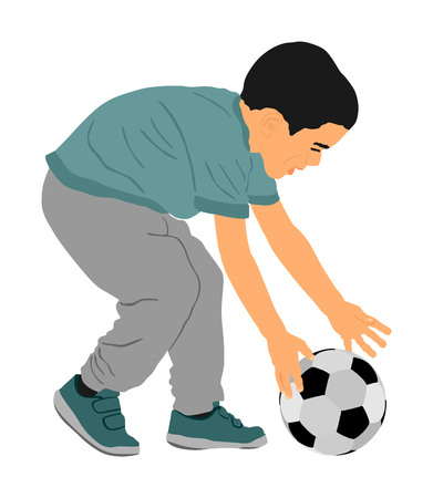 Happy little boy with ball vector illustration isolated on white background. Kid playing with ball favorite toy. Soccer junior worming up, work out activity. Sport child exercise football game outdoorのイラスト素材