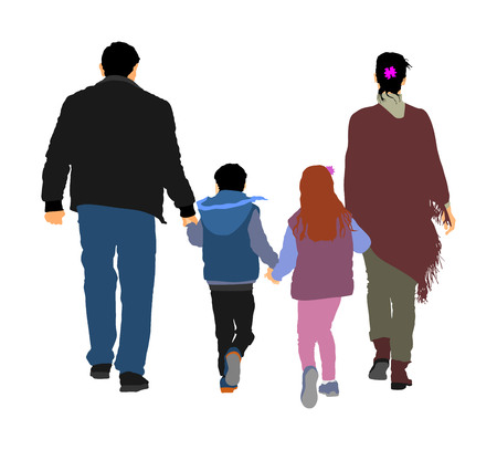 Happy big family enjoying holding hands vector isolated on white. Fathers day. Mothers day. Dad mom daughter and son walking. Love and tenderness relaxation in public.のイラスト素材