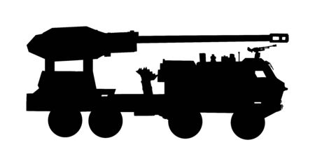 Howitzer artillery launcher truck vector silhouette illustration. Missile Rocket carrier with cannon. Nuclear bomb test, war threat. Powerful army weapon for battle.のイラスト素材