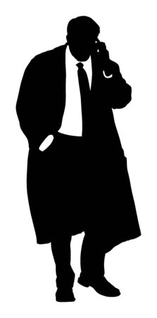 Businessman with mobile phone vector silhouette. Handsome mature man in suite with hand in pocket. Standing pose. Relaxed man. Lawyer on connect with a client. Mature elegant gentleman.のイラスト素材