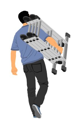 Repairman with ladders in hand vector illustration isolated on white. Handyman  working on call. Carpenter handle activity on renovation home before move in. Hard worker job. Painter worker handyman.のイラスト素材