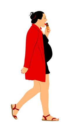 Pregnant woman vector illustration isolated on white. Pregnant girl walking eat ice cream. Elegant pregnant lady active life. Health care activity. Happy mother waiting baby to be born. sweet desertのイラスト素材