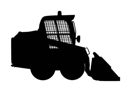 Mini bulldozer, skid loader vector silhouette isolated on white background. Digger. Excavator dozer for land. Under construction. Industrial building machine bager. Motor grader. Hard work industry.のイラスト素材