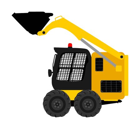 Mini bulldozer, skid loader vector isolated on white background. Digger illustration. Excavator dozer for land. Under construction. Industrial building machine bager. Motor grader. Hard work industry.のイラスト素材