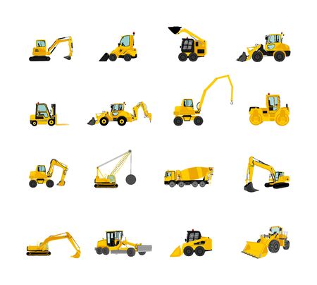 Big set of bulldozer, wheel loader vector isolated on white. Dusty digger, excavator dozer. Under construction. Building machine bager. Motor grader, Forklift cargo car, road roller, asphalt paverのイラスト素材