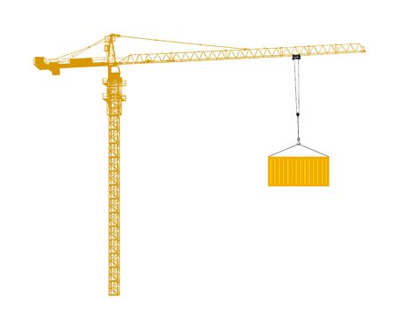 Scale tower crane vector isolated on white. Building machine on construction site. Tower construction crane with container on cable hook. Telescope elevator. Heavy industry equipment cargo shippingのイラスト素材