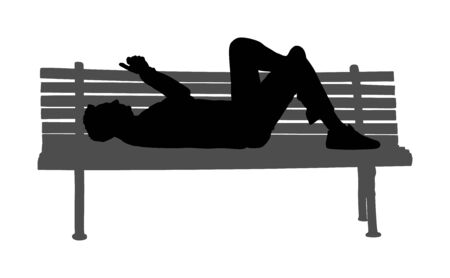Relaxed lazy man lying down on bench in park with mobile phone vector silhouette. Tired boy on pause after job. Outdoor enjoy in rest. Urban lazy boy ordering fast food by smart phone application.のイラスト素材