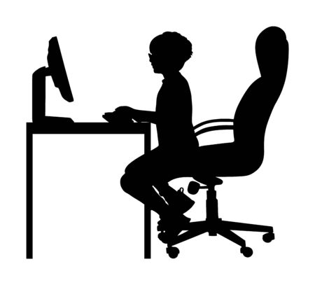 Gamer boy play video game on computer vector silhouette isolated on white. Virtual player sitting and watching computer. School kid addict. Child learning on internet. Smart boy love cyber sport.のイラスト素材