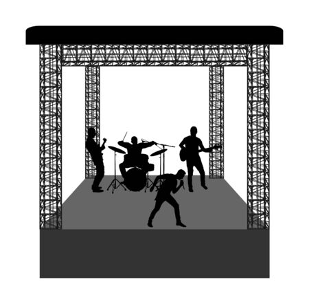 Rock and roll band on stage vector silhouette. Musician play bass guitar and drums. Super star music concert show. Great event for fan supporters. Drummer and guitarists players. Popular singer artistのイラスト素材