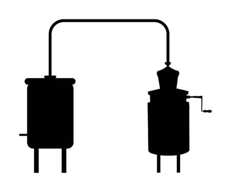 Vector silhouette of alembic apparatus for distill essential oils and alcoholic beverages. Distillery for whiskey or brandy production, alcohol distillation process. Alcohol distilling machine symbolのイラスト素材