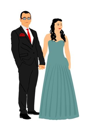 Groom and bride wedding day, in dress and suit vector illustration. Wedding couple. Happy bride and groom on ceremony. Just married couple in love. Red carpet quest on vip event. Lady and gentleman.のイラスト素材