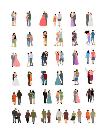 Couple in love vector illustration big collection. Woman and man in love. Girl and boy dancing. Wedding couple, bride and groom ceremony. Senior people closeness. All generations family people set.のイラスト素材