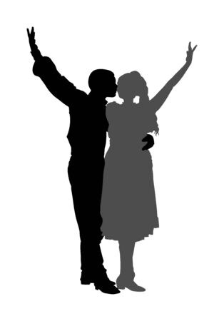 Couple in love kissing and dancing in folklore traditional dresses vector silhouette isolated on white. Balkan Dancers, folk dance in East Europe. Closeness in public. Boy kissing girl. Balkan culture.のイラスト素材