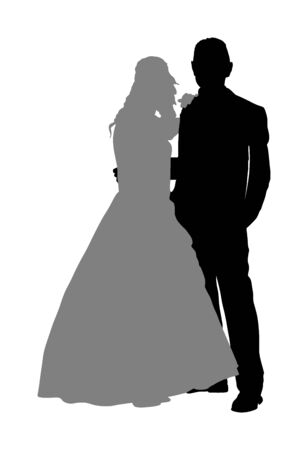 Groom and bride wedding day, in dress and suit vector silhouette. Wedding couple. Happy bride and groom on ceremony. Just married couple in love. Red carpet quest on vip event. Lady and gentleman.のイラスト素材
