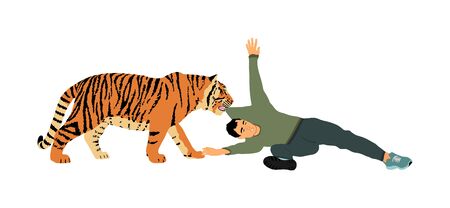 Tiger attacks man vector illustration isolated on white background. Wild animal attack person. Beast with prey in the jaws. Boy begs for help. Risk situation in zoo park. Battle for life, scary scene.のイラスト素材
