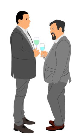 Business people meeting and drinking wine vector illustration isolated on white. Friends toasting, break relaxation after work. Man drink beer in bar. Social live success celebration with beverage.のイラスト素材