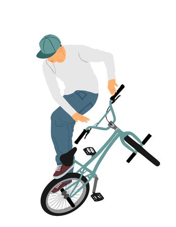 Bicycle stunts vector illustration isolated on white background.  Freestyle ace ride performed trail bike tricks. Young man doing tricks in the air on a BMX bike. Cyclist acrobat public entertainment.のイラスト素材