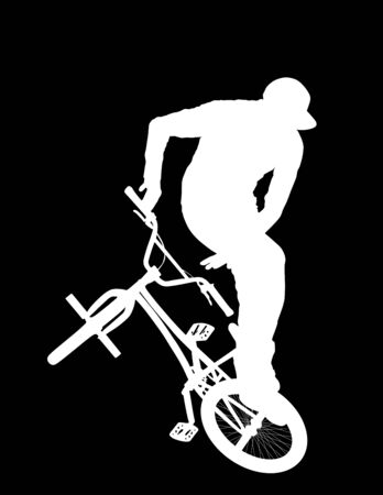 Bicycle stunts vector silhouette isolated on black background.  Freestyle ace ride performed trail bike tricks. Young man doing tricks in the air on a BMX bike. Cyclist acrobat public entertainment.のイラスト素材