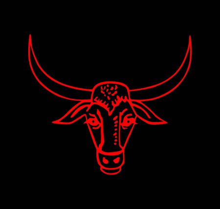 bull head with long horns vector silhouette illustration isolated on black background.  Bull symbol....