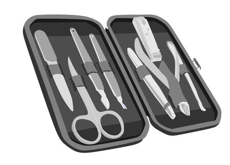 Set of manicure and pedicure tools and accessories vector illustration isolated on white background. Manicure scissors, eyebrow tweezers and nail clippers, beauty salon kit in zip bag. Nail care set.のイラスト素材
