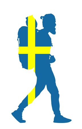 Sweden flag over passenger man with backpack vector silhouette illustration. Traveler boy with luggage go home, carry baggage. Tourist with heavy bag cargo load waiting taxi to airport, after holiday.のイラスト素材