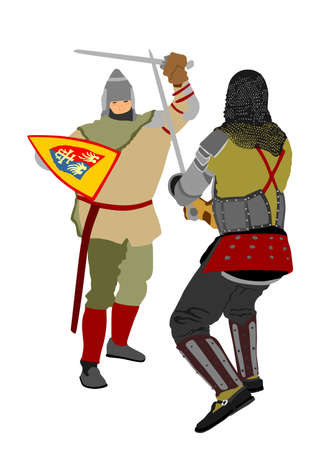 Knights in armor with sword fight vector isolated on white. Medieval fighter in battle. Hero protects castle walls. Armed man defend honor of family and people. Protect country against enemyのイラスト素材