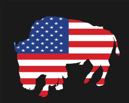 United States of America flag over bison vector isolated. USA flag over buffalo, national symbol, pride and power animal.のイラスト素材
